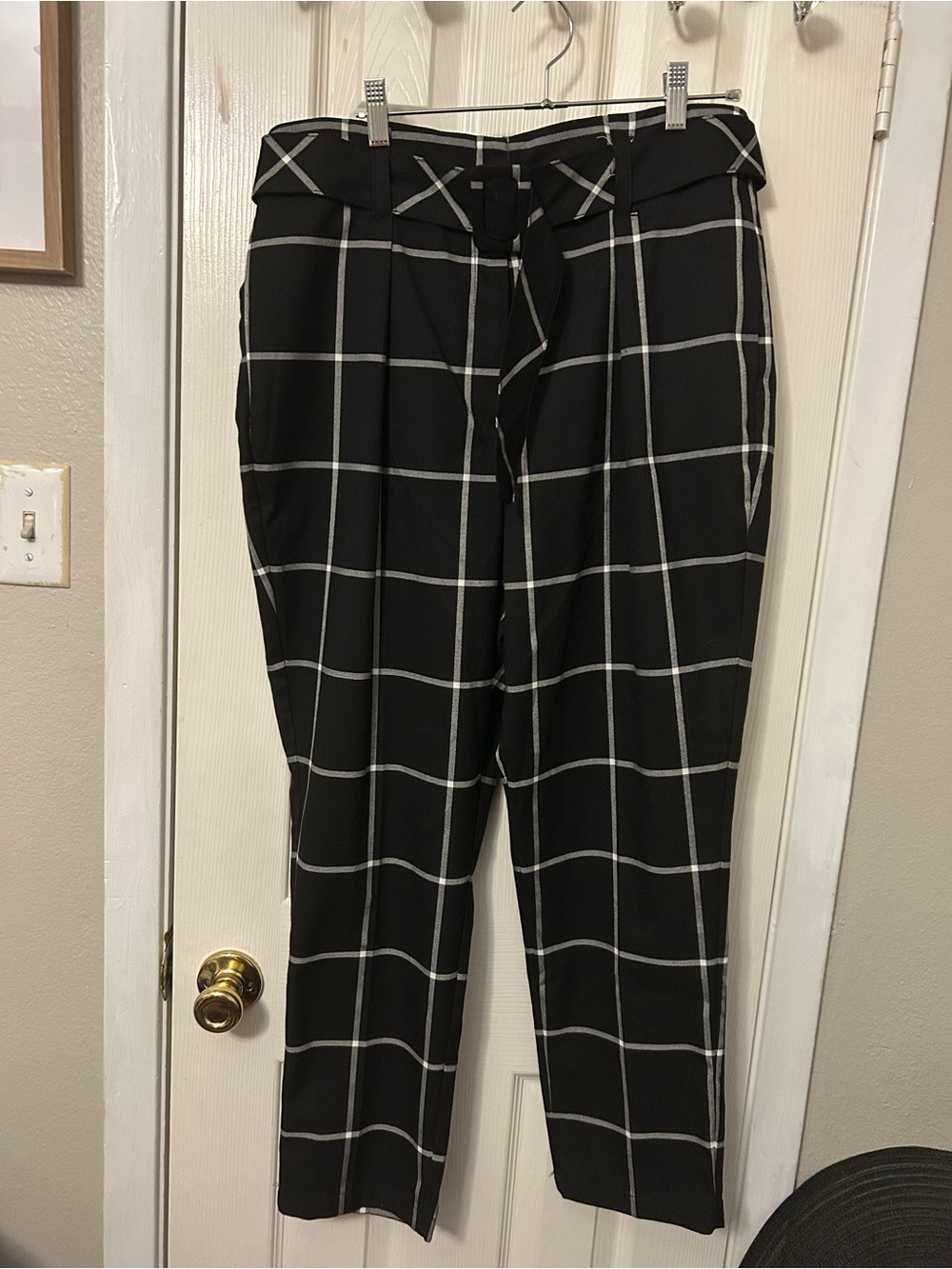 Windowpane Tie-Waist Black Trousers